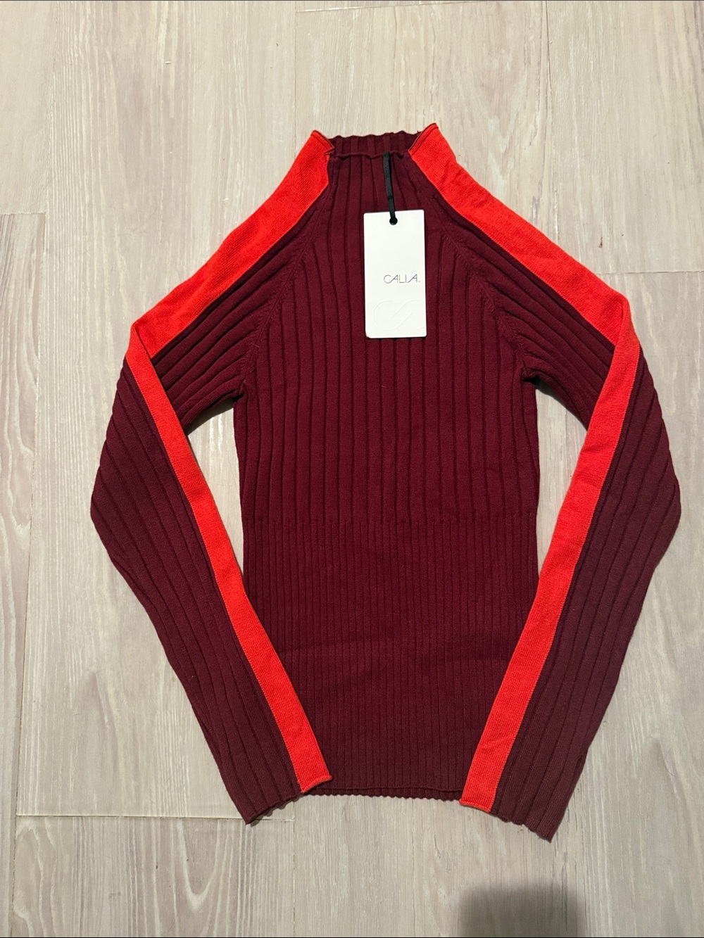 CALIA by Carrie Underwood Burgundy Ribbed Cowl Sweater with Red Stripes